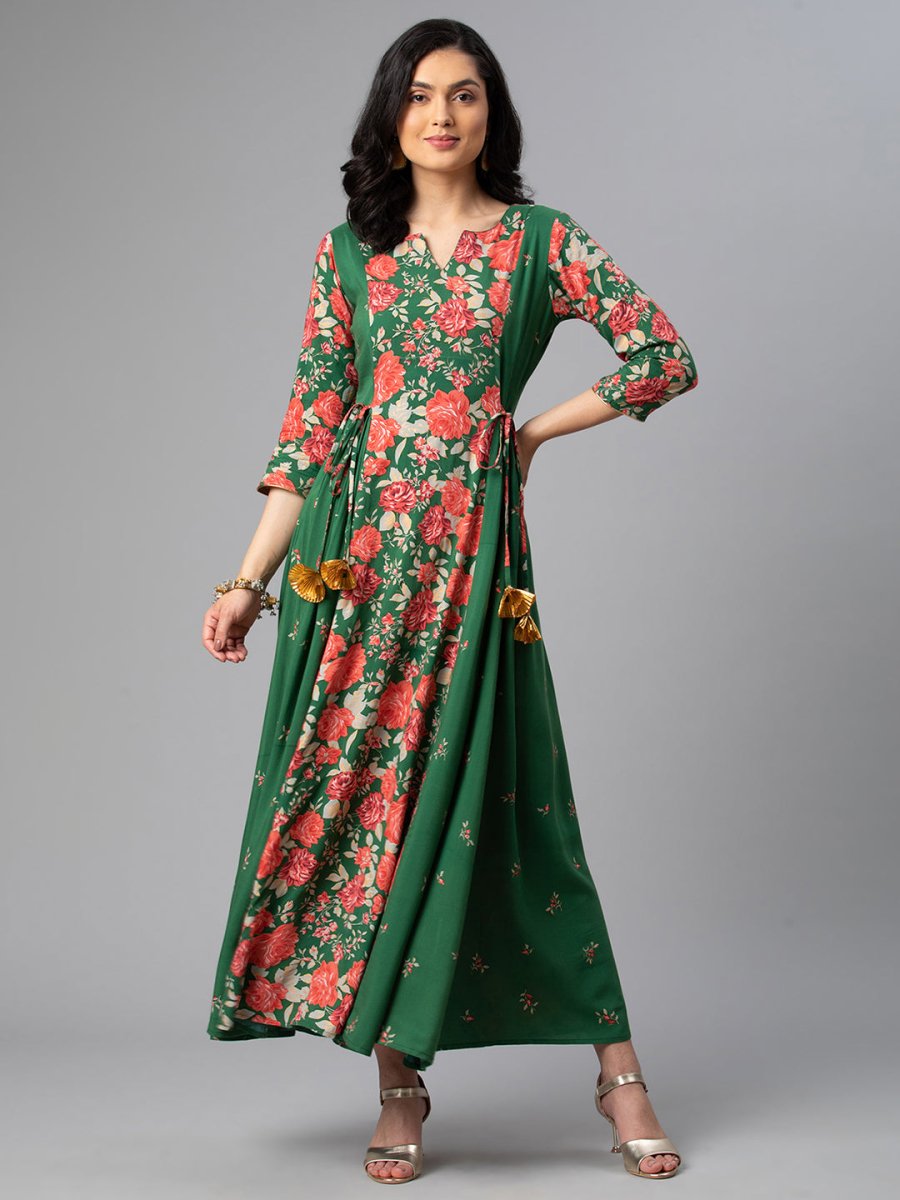 Ahalyaa Viscose Rayon Green Floral Printed Kurta