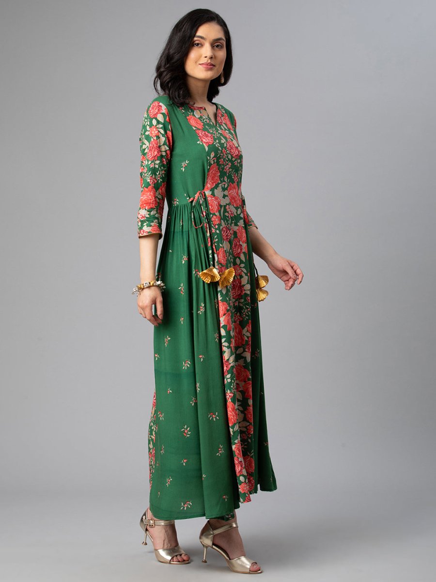 Ahalyaa Viscose Rayon Green Floral Printed Kurta