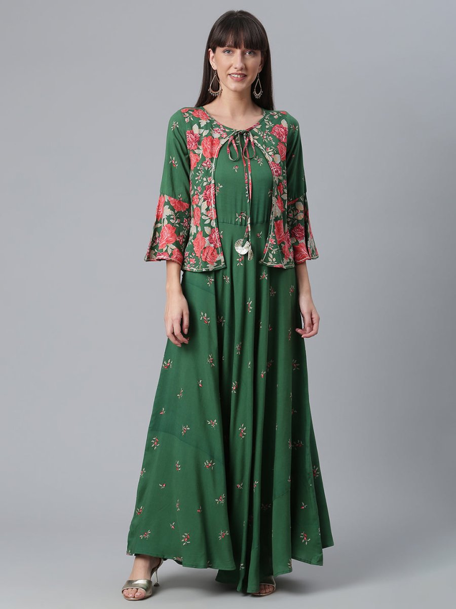 Ahalyaa Viscose Rayon Green Floral Printed Beautiful Kurta