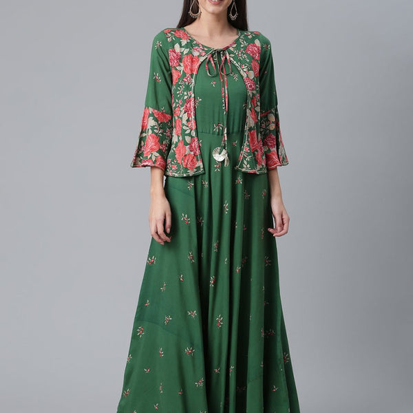 Ahalyaa Viscose Rayon Green Floral Printed Beautiful Kurta