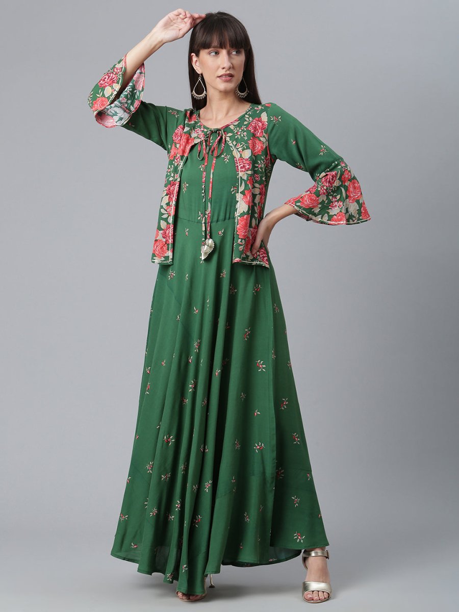 Ahalyaa Viscose Rayon Green Floral Printed Beautiful Kurta