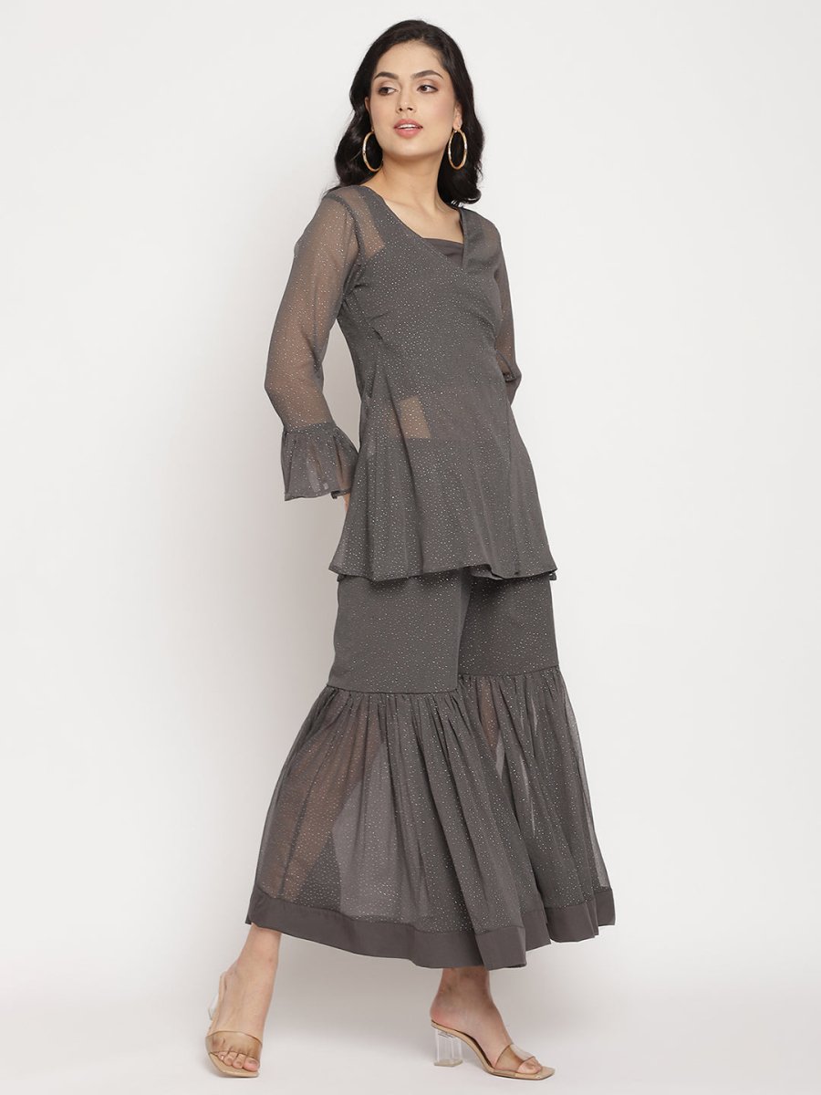 Ahalyaa Women Charcoal Grey Angrakha Kurta With Inner & Sharara