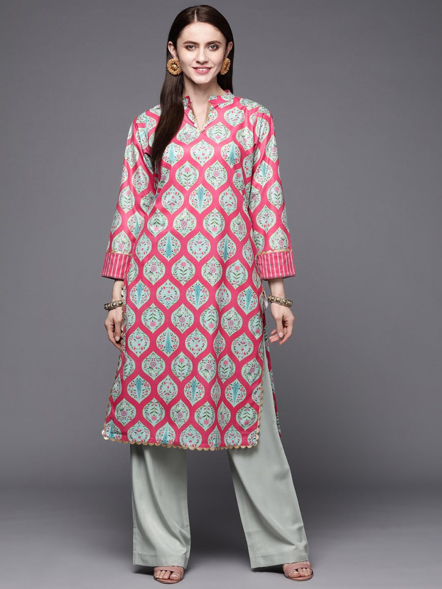 Ahalyaa Women Pink & Sea Green Floral Printed Gotta Patti Velvet Kurta - Distacart