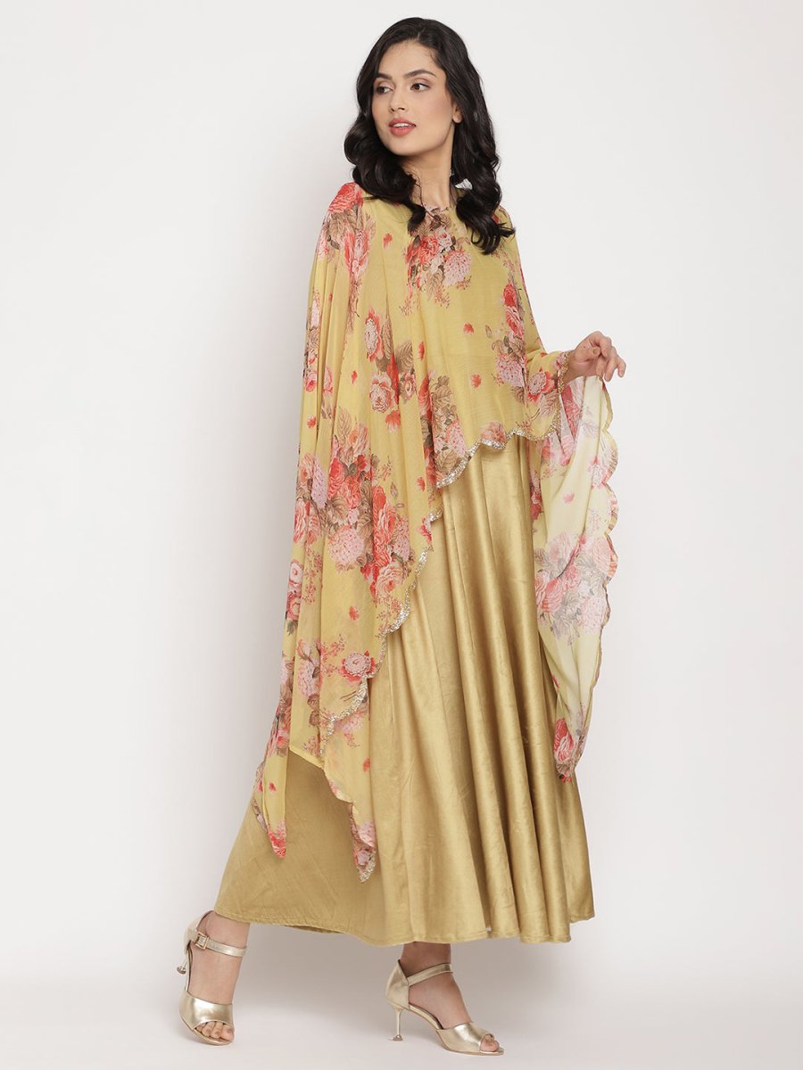 Ahalyaa Women's Mustard Color Velvet Kurta With Attached Printed Dupatta
