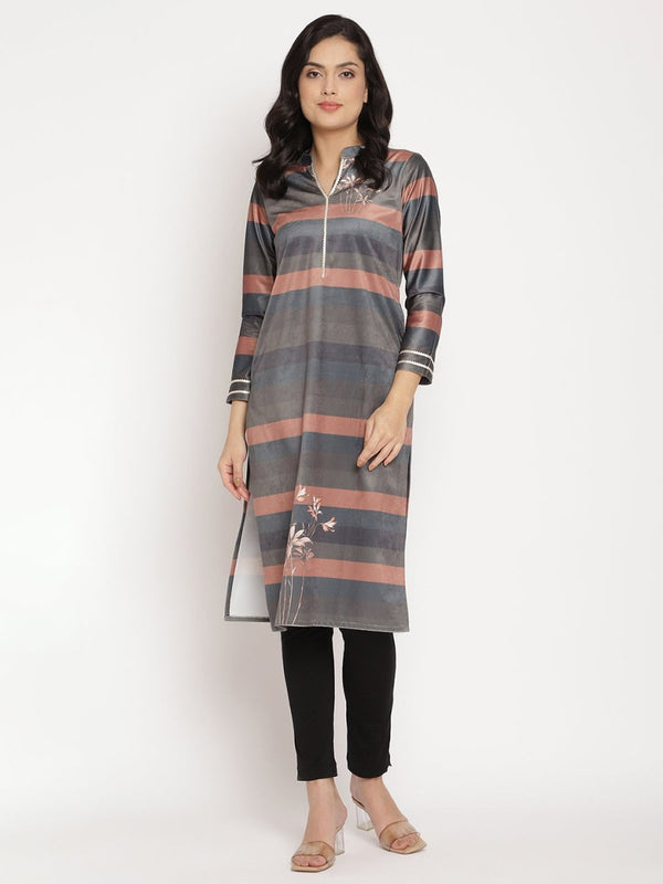 Ahalyaa Women's Multi Color Stripe Digital Print Velvet Kurta - Distacart