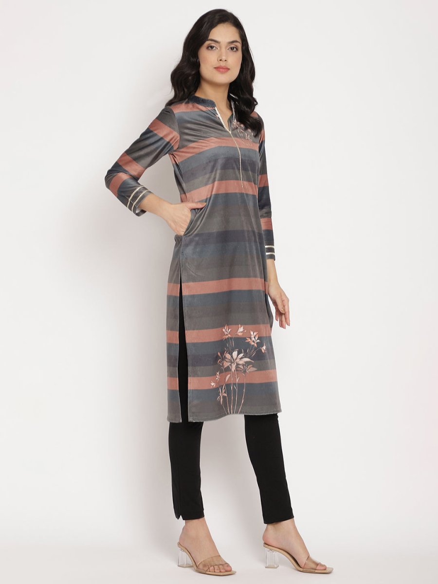 Ahalyaa Women's Multi Color Stripe Digital Print Velvet Kurta