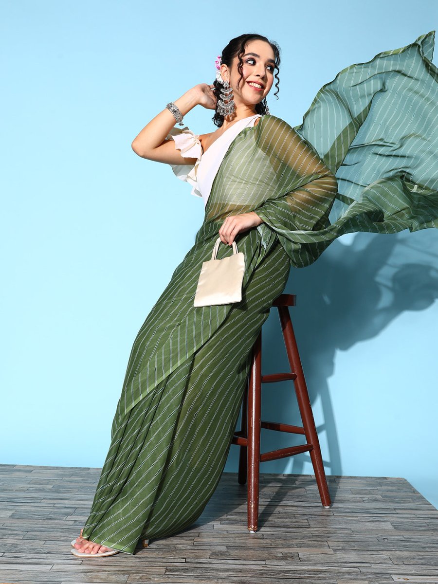 Ahalyaa Green & White Leheriya Saree - Distacart