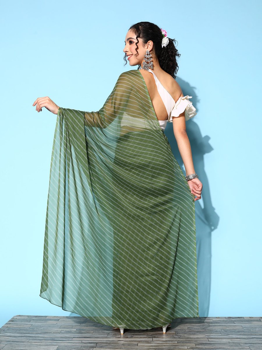 Ahalyaa Green & White Leheriya Saree - Distacart