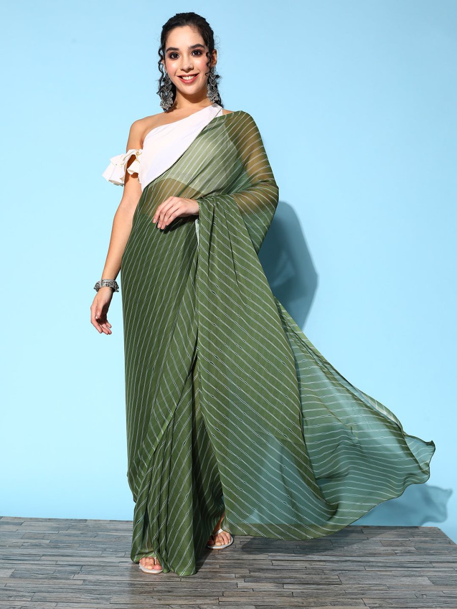 Ahalyaa Green & White Leheriya Saree - Distacart