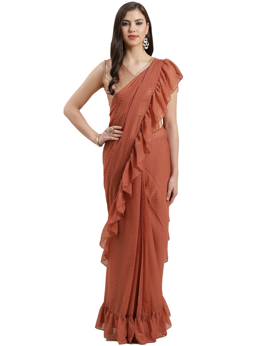 Ahalyaa Rust Brown Woven Design Ruffled Ready to Wear Saree Set
