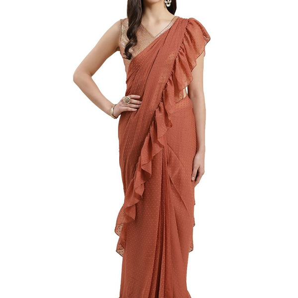 Ahalyaa Rust Brown Woven Design Ruffled Ready to Wear Saree Set