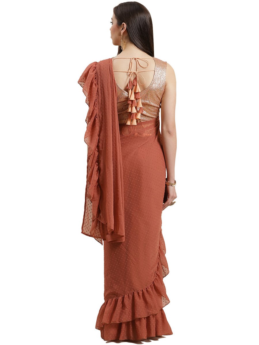 Ahalyaa Rust Brown Woven Design Ruffled Ready to Wear Saree Set