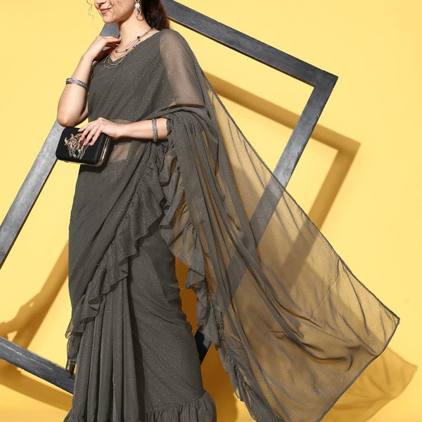 Ahalyaa Women Glitter Print Ruffle Saree - Distacart