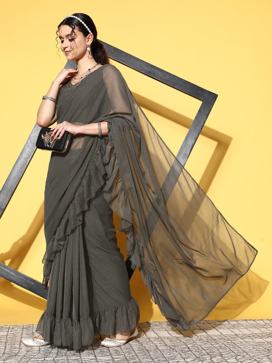Ahalyaa Women Glitter Print Ruffle Saree - Distacart