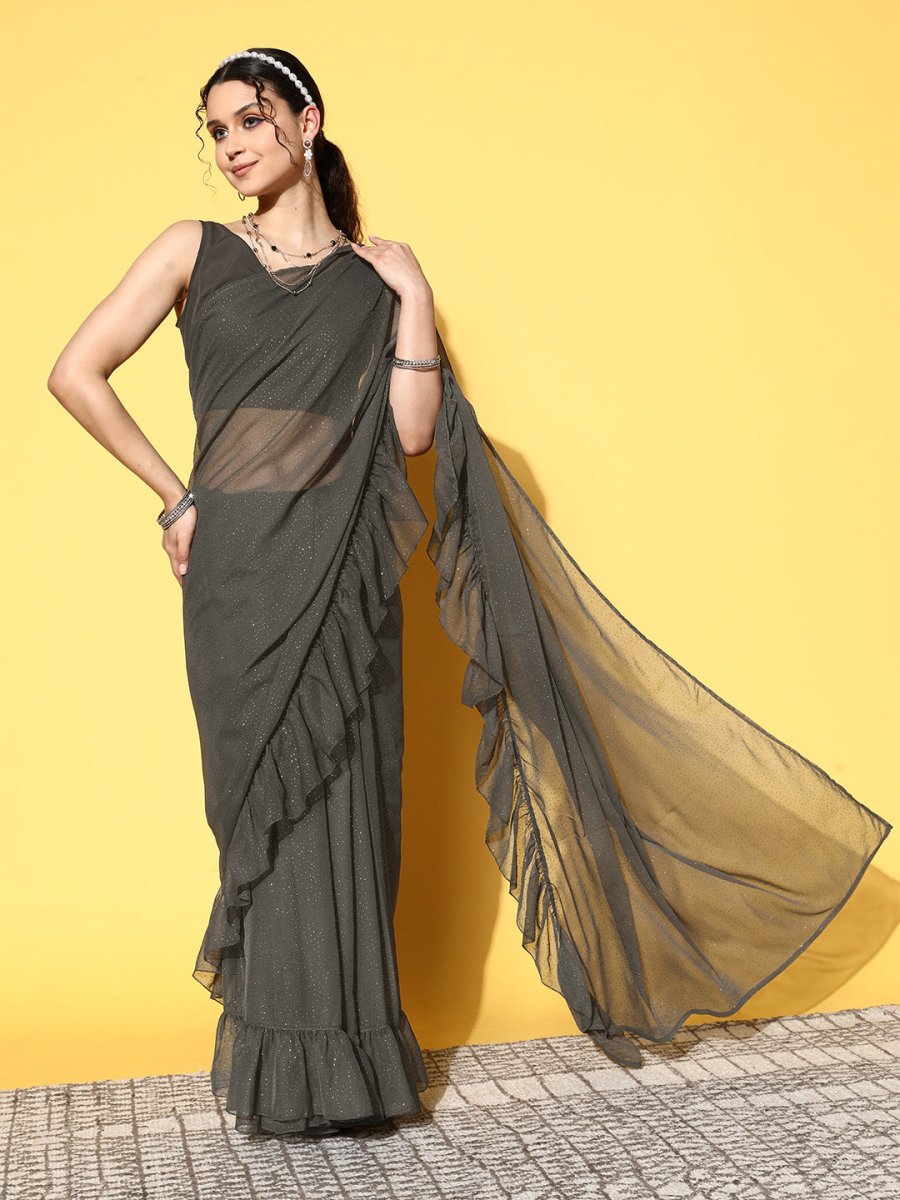 Ahalyaa Women Glitter Print Ruffle Saree - Distacart