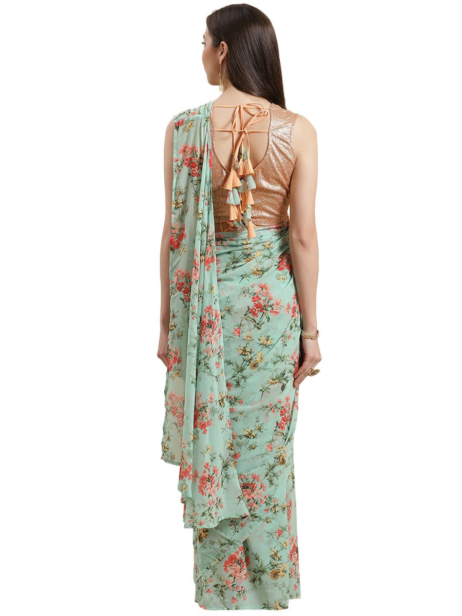 Ahalyaa Green & Peach Colored Printed Bagh Ready to Wear Saree Set