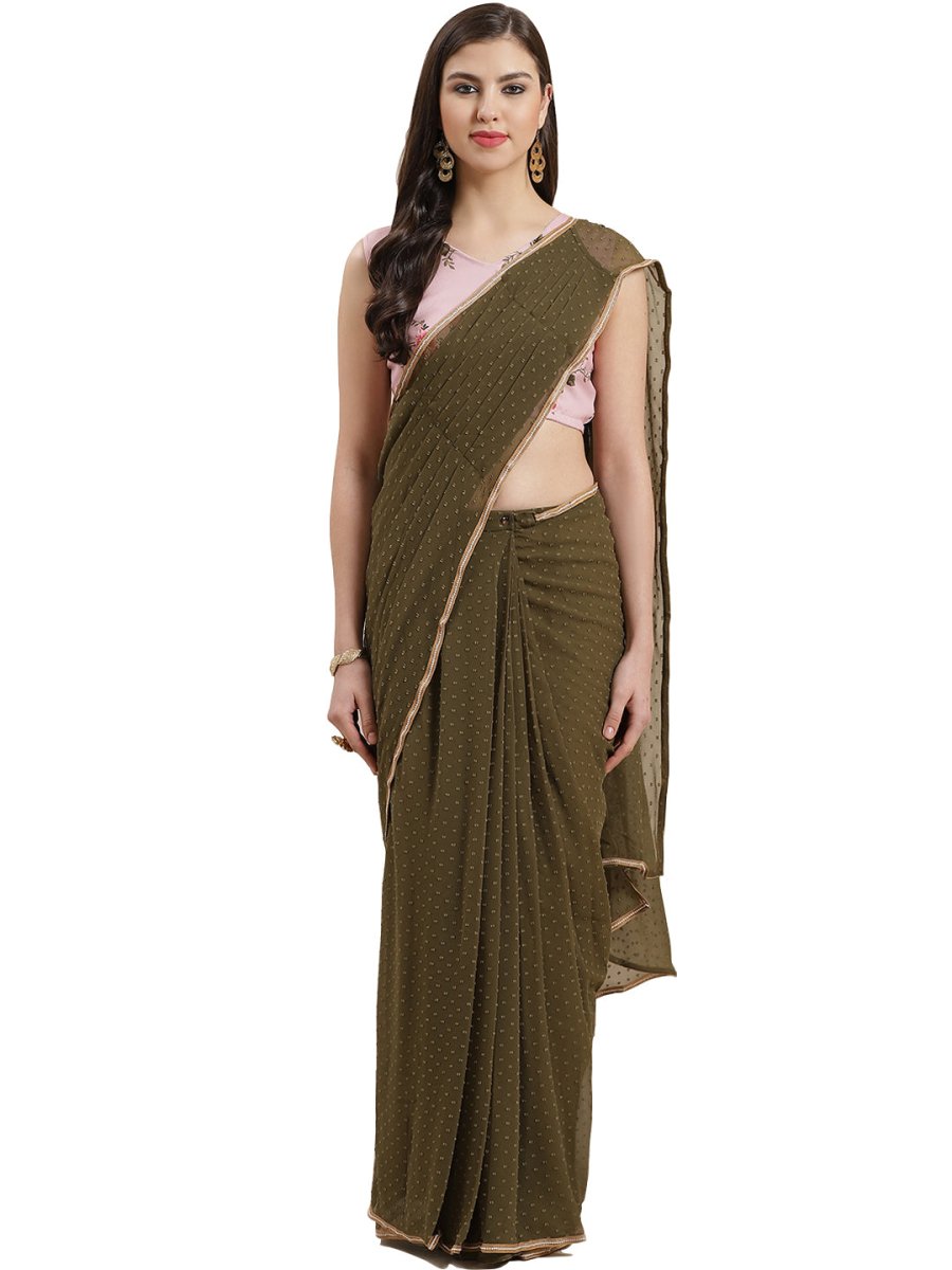 Ahalyaa Olive Green Pleated Woven Design Saree Set