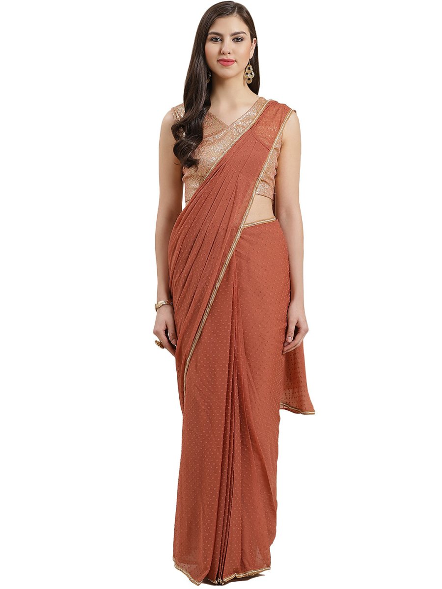 Ahalyaa Rusty Brown Pleated Ready to Wear Saree Set