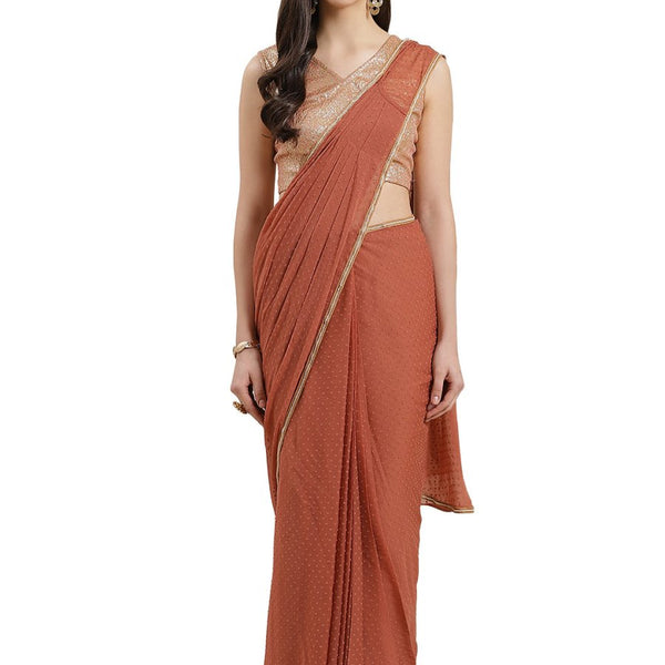 Ahalyaa Rusty Brown Pleated Ready to Wear Saree Set