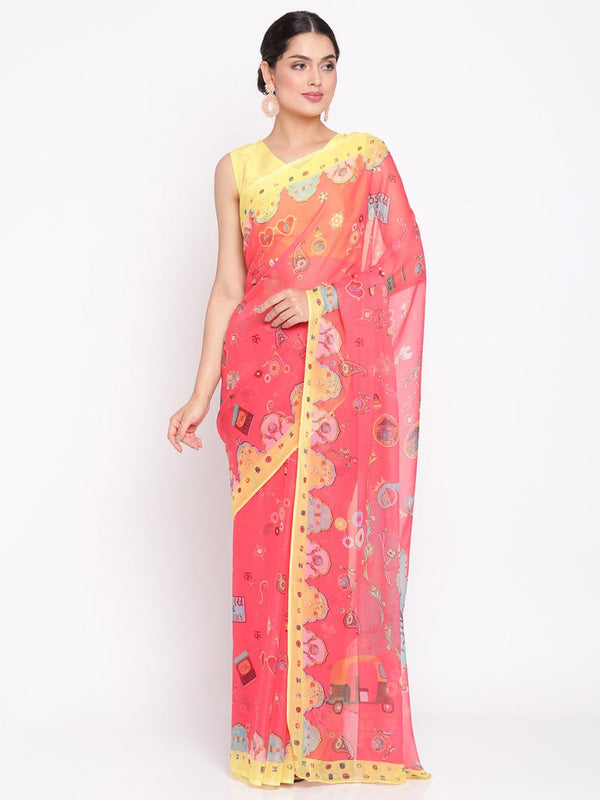 Ahalyaa Women's Red Colour Chiffon Digital Print Saree - Distacart