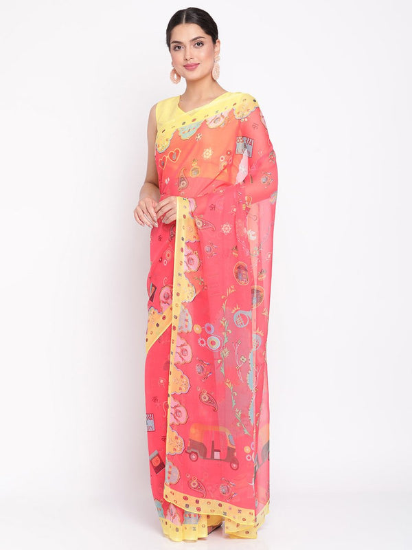Ahalyaa Women's Red Colour Chiffon Digital Print Saree - Distacart