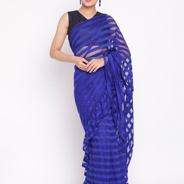 Ahalyaa Blue & Black Striped Net Ready to Wear Saree Set