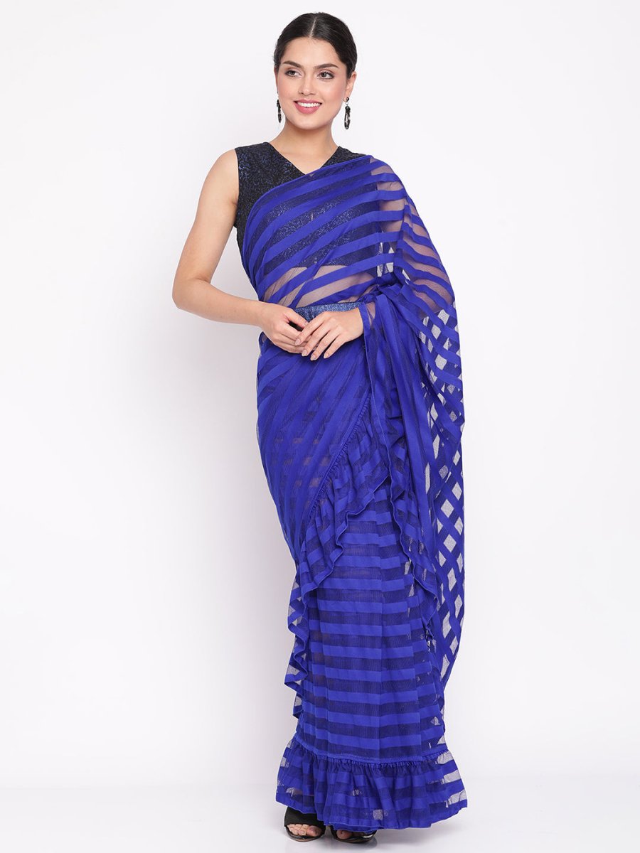 Ahalyaa Blue & Black Striped Net Ready to Wear Saree Set