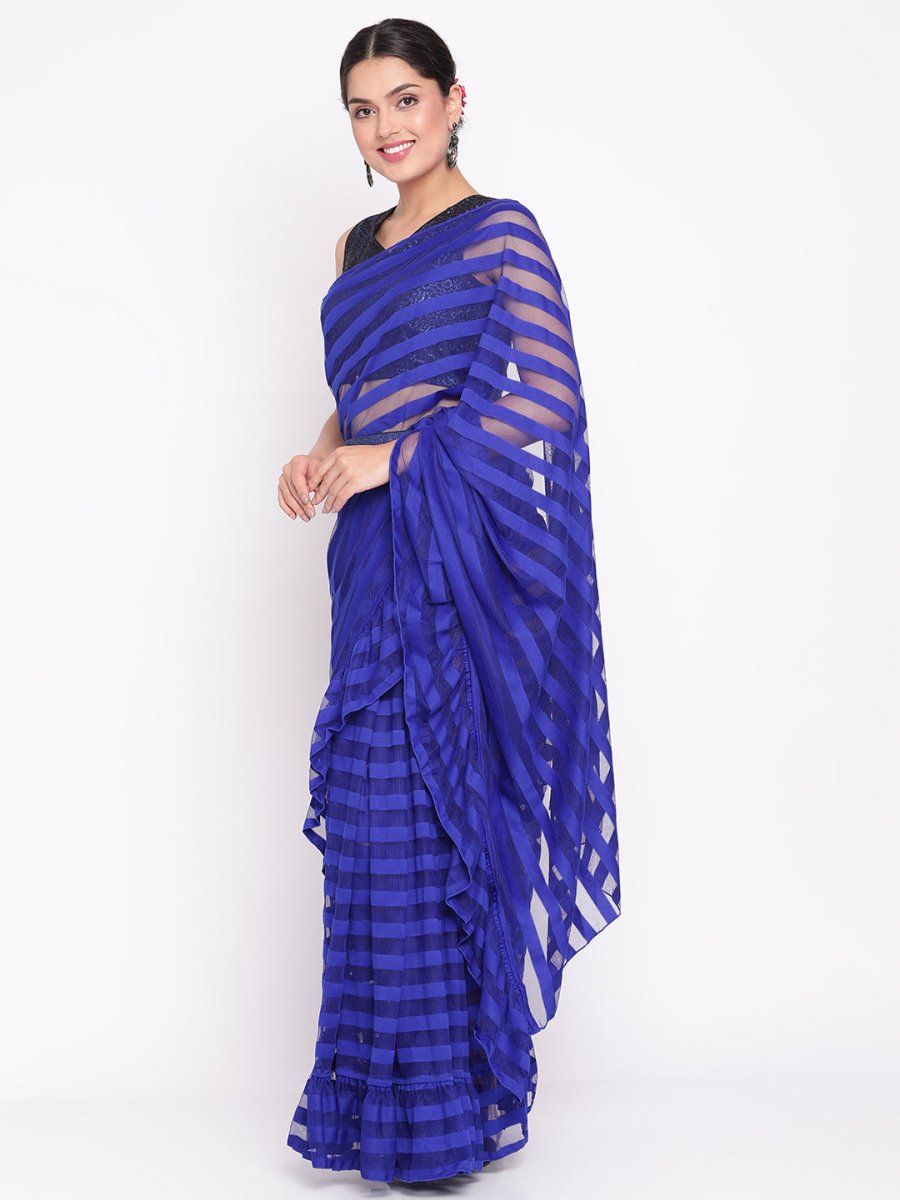 Ahalyaa Blue & Black Striped Net Ready to Wear Saree Set