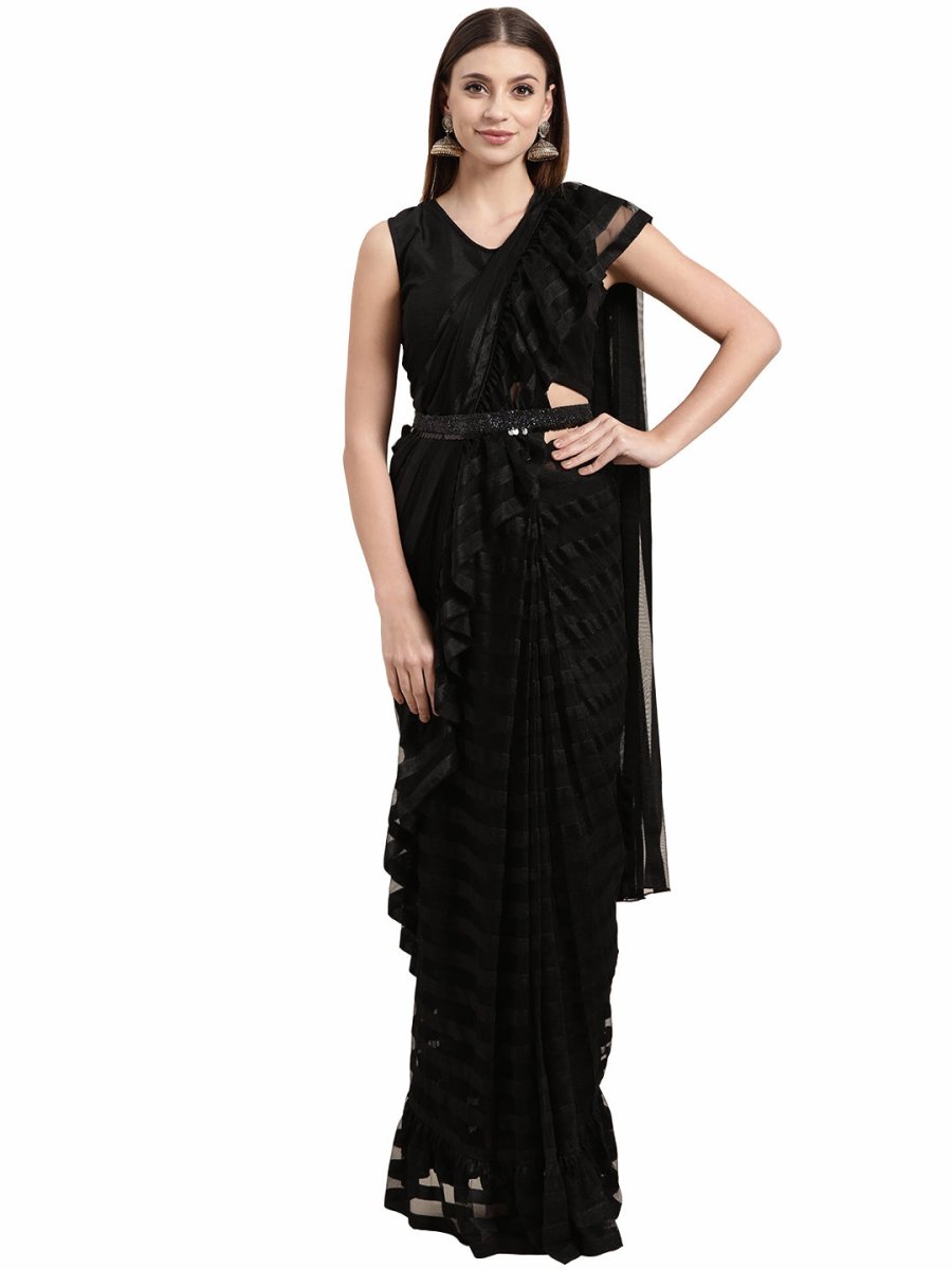 Ahalyaa Black Self-Striped Ruffled Ready to Wear Saree Set