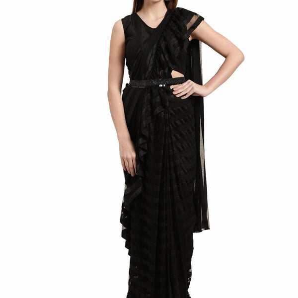 Ahalyaa Black Self-Striped Ruffled Ready to Wear Saree Set