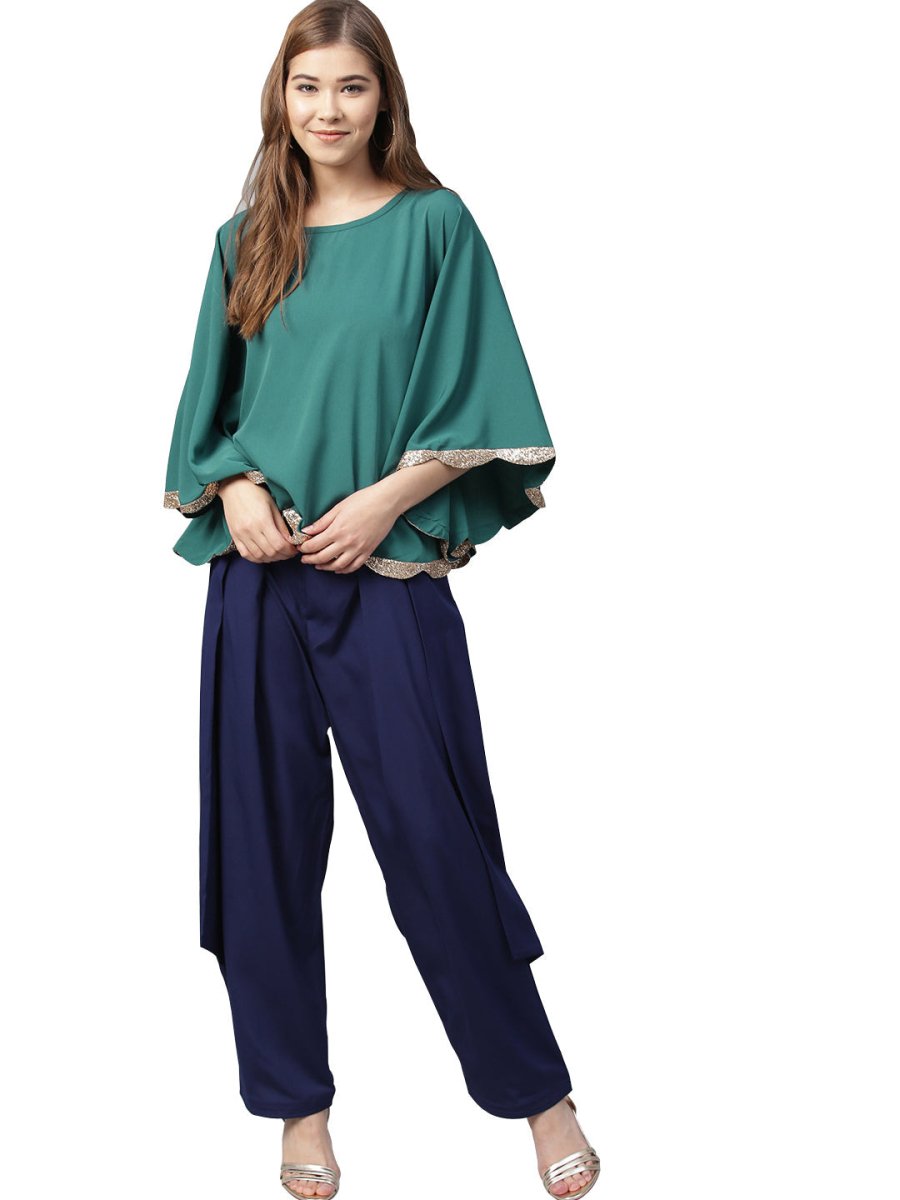 Ahalyaa Indo Western Sea Green Cape With Drape Pant
