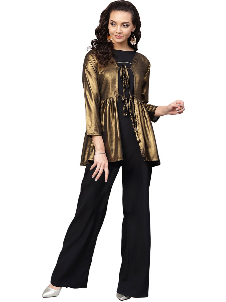 Ahalyaa Golden Flared Crepe, Georgette Indowestern Set