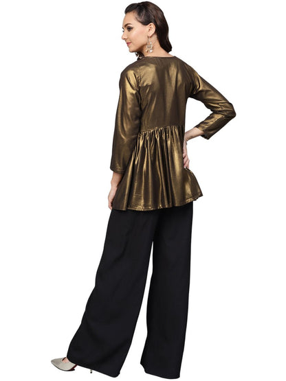 Ahalyaa Golden Flared Crepe, Georgette Indowestern Set