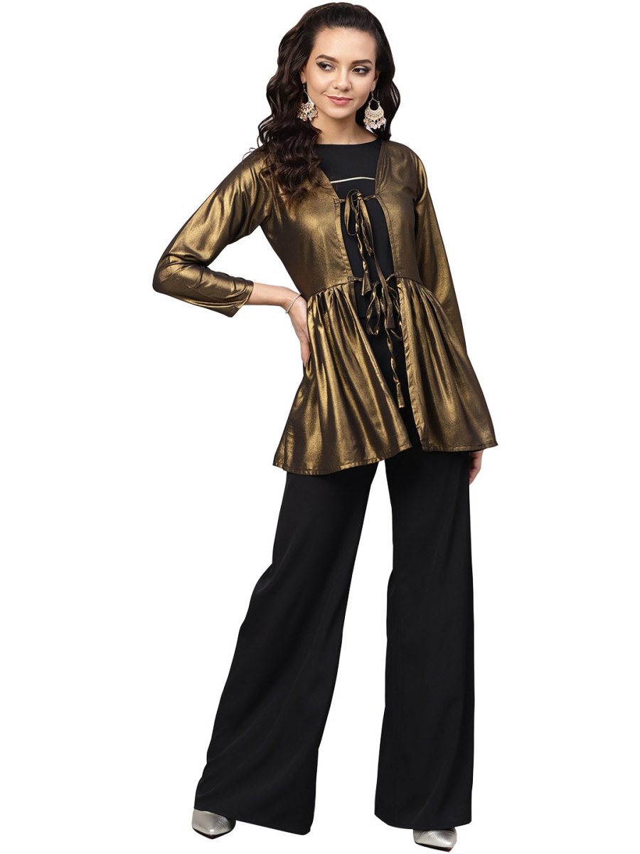 Ahalyaa Golden Flared Crepe, Georgette Indowestern Set