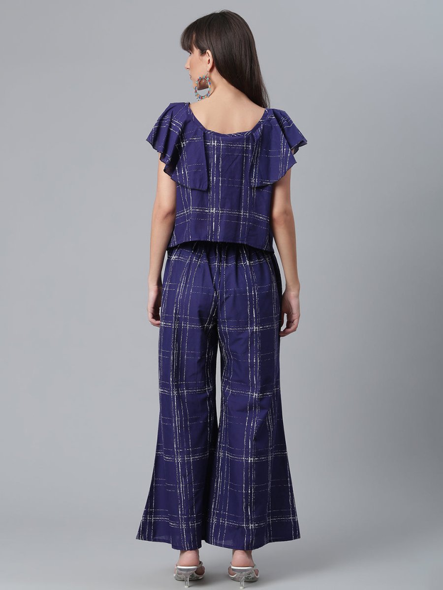 Ahalyaa Navy Blue & Off-White Pure Cotton Checked Top with Palazzo
