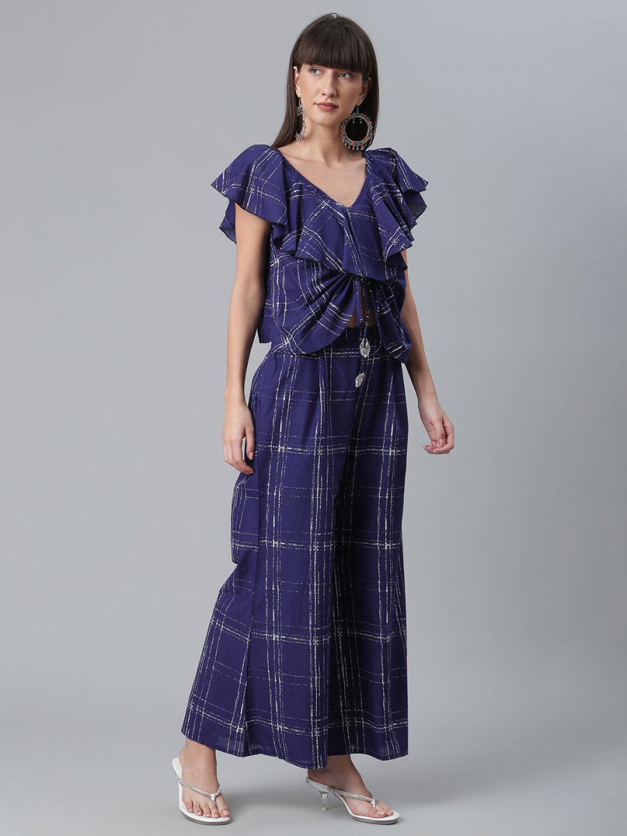Ahalyaa Navy Blue & Off-White Pure Cotton Checked Top with Palazzo