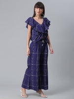Thumbnail for Ahalyaa Navy Blue & Off-White Pure Cotton Checked Top with Palazzo