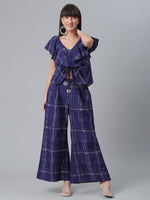 Thumbnail for Ahalyaa Navy Blue & Off-White Pure Cotton Checked Top with Palazzo