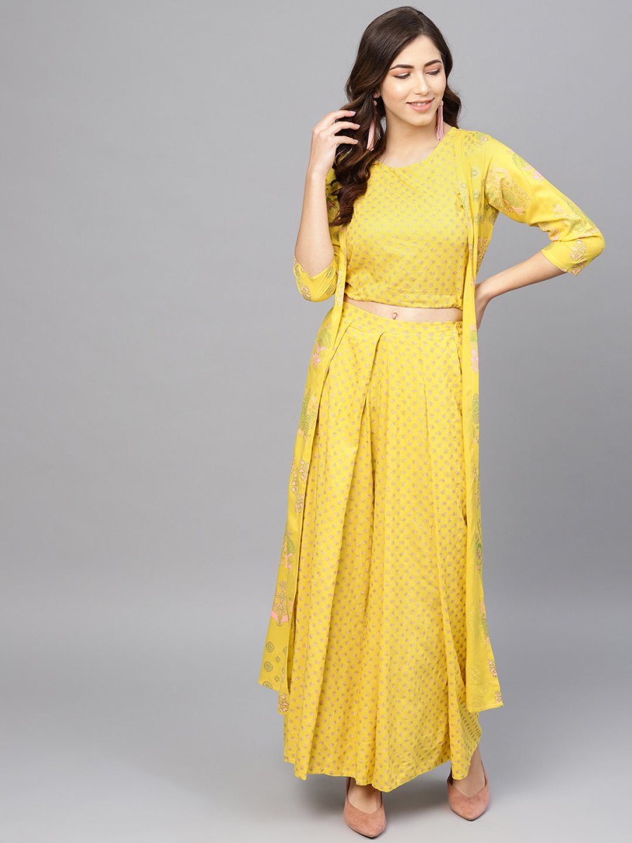 Ahalyaa Yellow & Pink Printed Crop Top with Palazzos & Ethnic Jacket