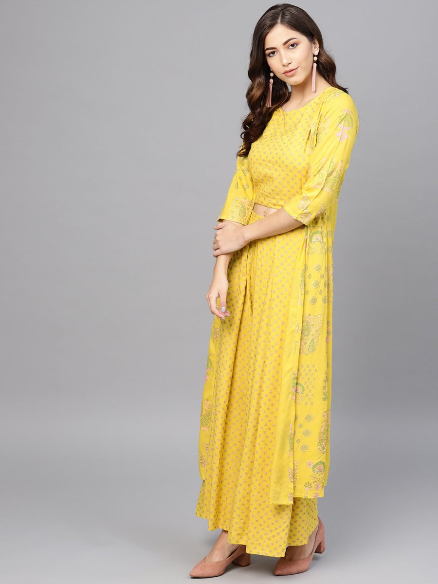 Ahalyaa Yellow & Pink Printed Crop Top with Palazzos & Ethnic Jacket