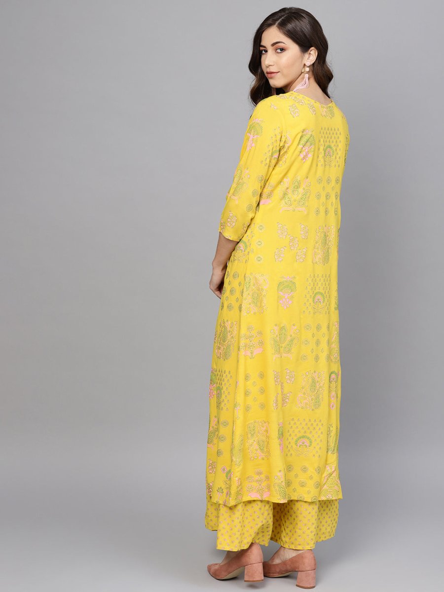 Ahalyaa Yellow & Pink Printed Crop Top with Palazzos & Ethnic Jacket
