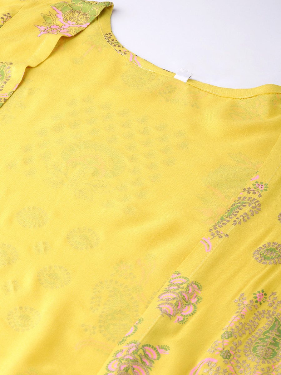 Ahalyaa Yellow & Pink Printed Crop Top with Palazzos & Ethnic Jacket