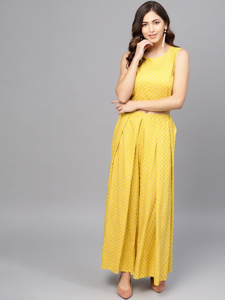Ahalyaa Yellow & Pink Printed Crop Top with Palazzos & Ethnic Jacket
