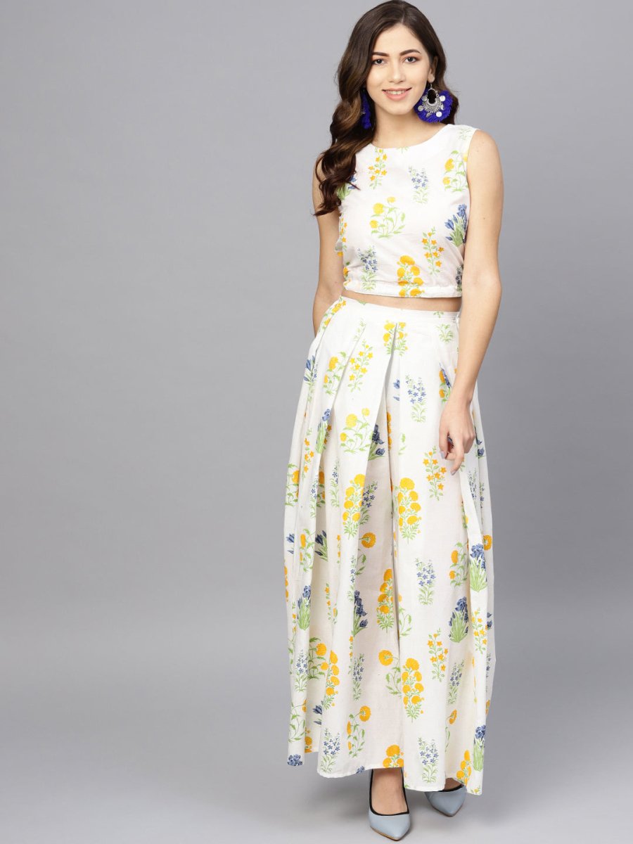 Ahalyaa Women White & Blue Printed Crop Top with Palazzos & Ethnic Jacket