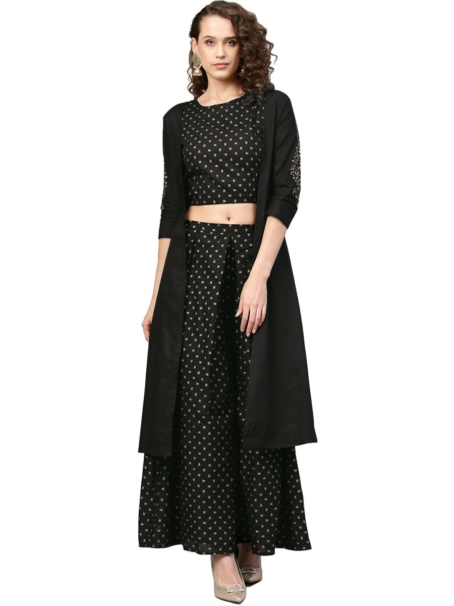 Ahalyaa Women Black & Golden Printed Kurta with Churidar & Dupatta