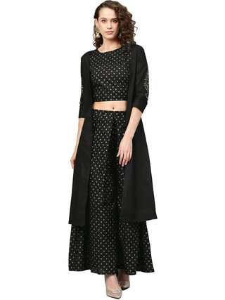 Ahalyaa Women Black & Golden Printed Kurta with Churidar & Dupatta
