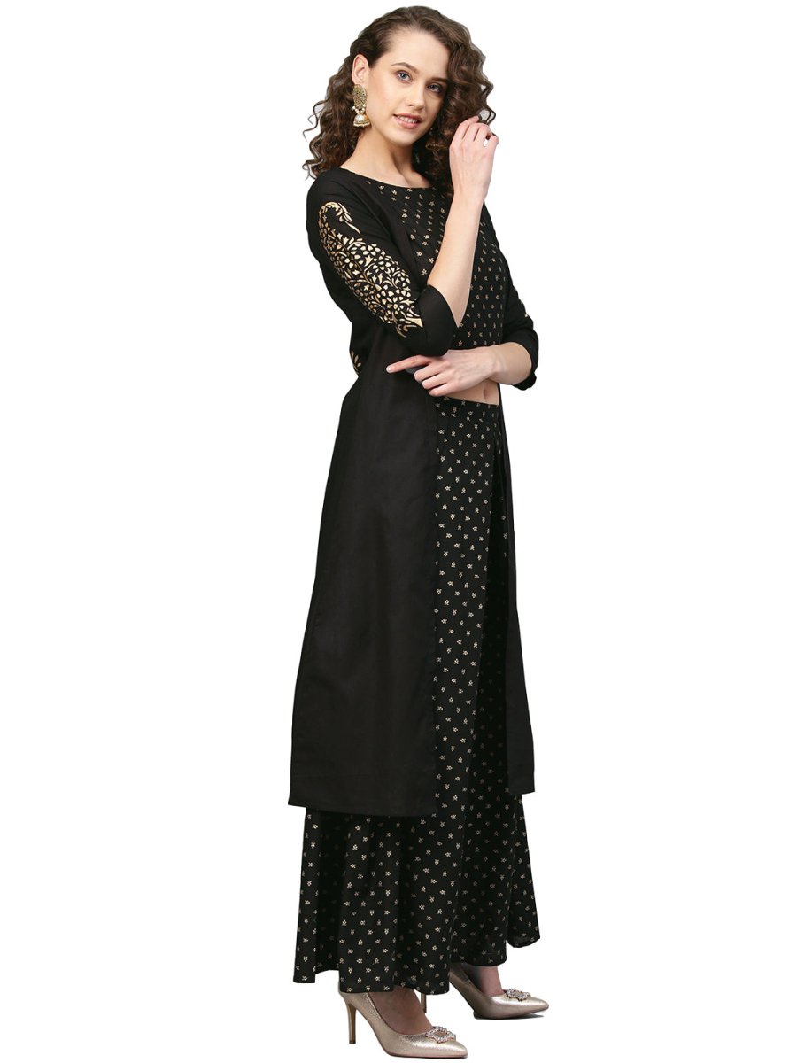 Ahalyaa Women Black & Golden Printed Kurta with Churidar & Dupatta