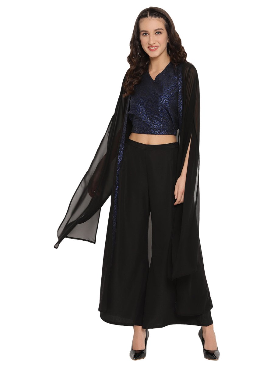 Ahalyaa Women Black & Blue Printed Crop Top With Palazzos & Jacket