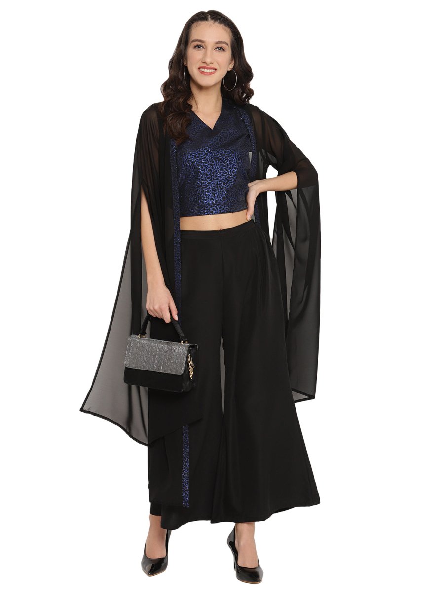 Ahalyaa Women Black & Blue Printed Crop Top With Palazzos & Jacket