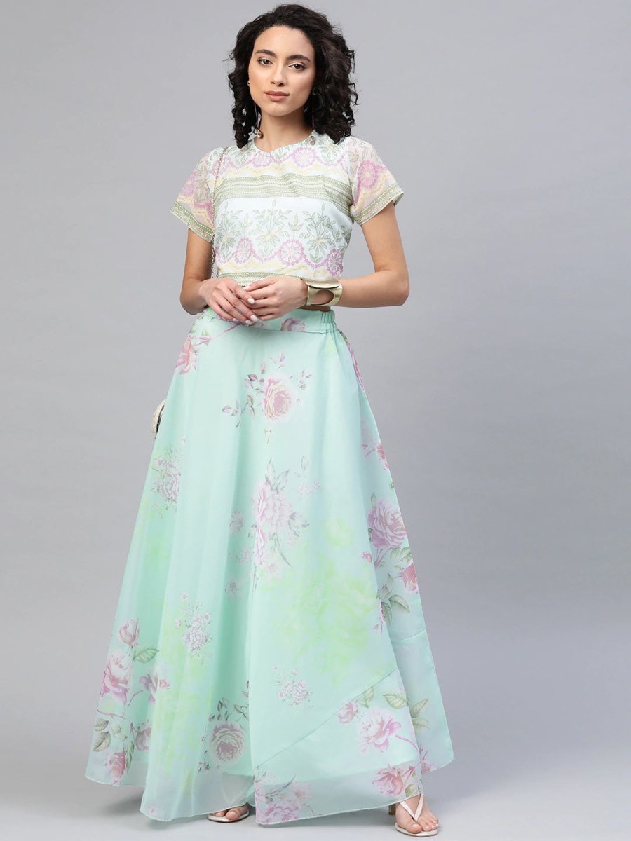 Ahalyaa Women Mint Green Oraganza Printed Lehenga Choli